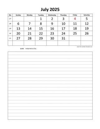 july 2025 calendar daily notes vertical