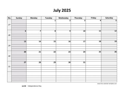 july 2025 calendar daygrid horizontal