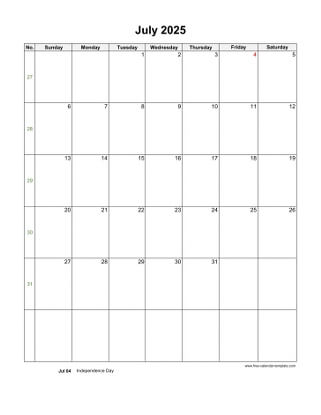 july 2025 calendar holidays vertical