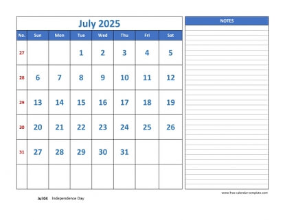july 2025 calendar largenotes horizontal