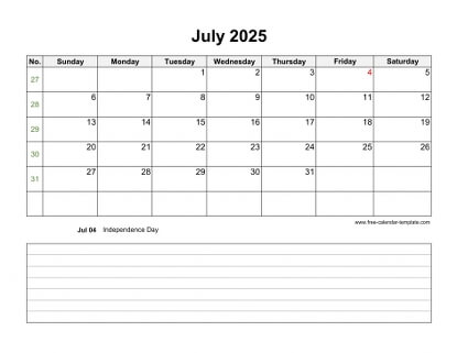 july 2025 calendar notes horizontal