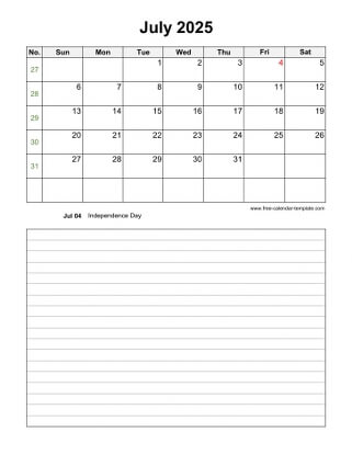 july 2025 calendar notes vertical