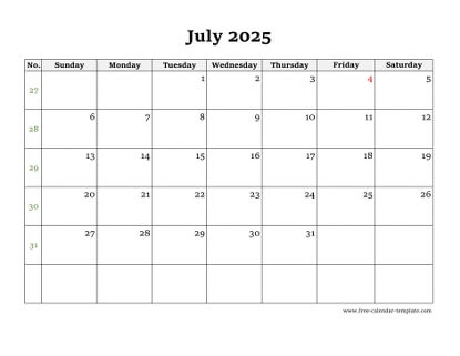 july 2025 calendar simple horizontal
