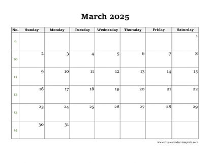march 2025 calendar simple horizontal