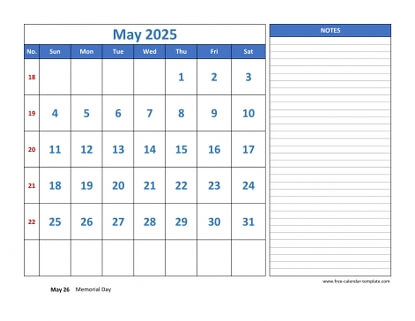 may 2025 calendar largenotes horizontal