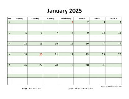 monthly 2025 calendar daycolored horizontal