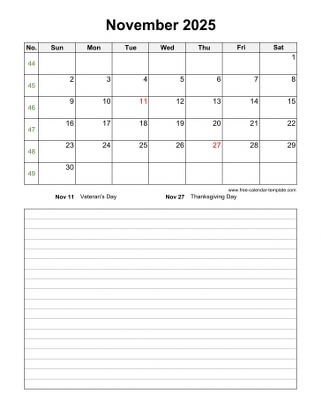 november 2025 calendar notes vertical