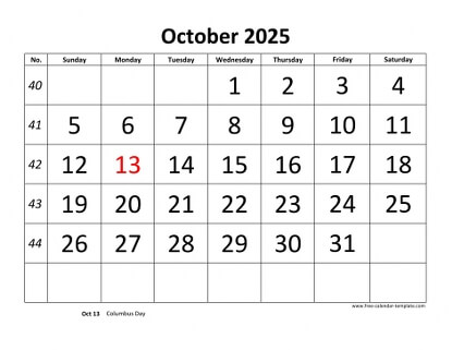 october 2025 calendar bigfont horizontal