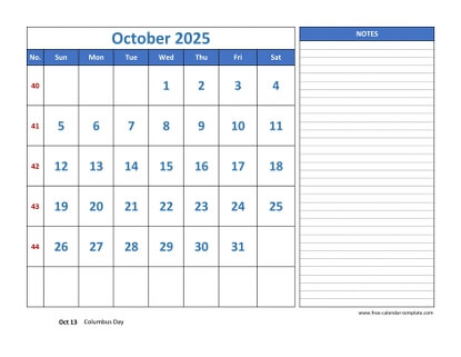 october 2025 calendar largenotes horizontal