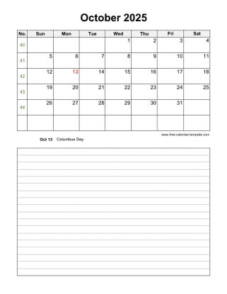 october 2025 calendar notes vertical
