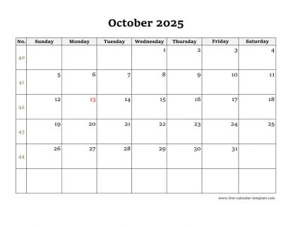 october 2025 calendar simple horizontal