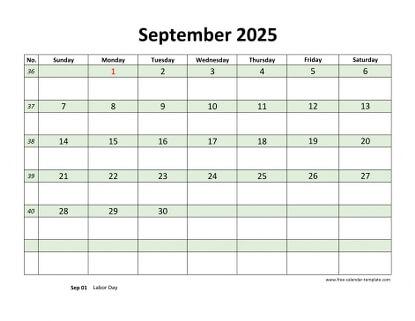 september 2025 calendar daycolored horizontal