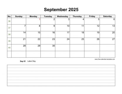 september 2025 calendar notes horizontal