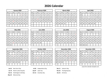 2026 calendar holidays bottom horizontal