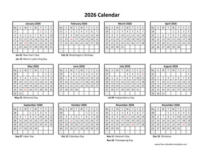 2026 calendar holidays month horizontal