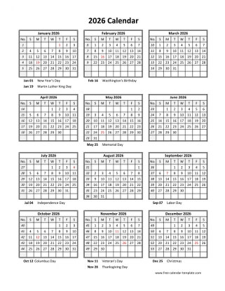 2026 calendar holidays month vertical