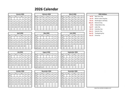 2026 calendar holidays right horizontal