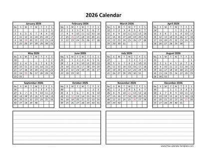 2026 calendar notes horizontal