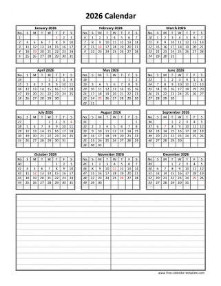 2026 calendar notes vertical