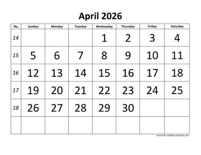 april 2026 calendar bigfont horizontal