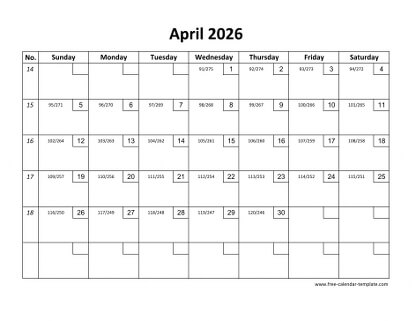 april 2026 calendar checkboxes horizontal