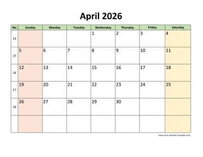 april 2026 calendar colored horizontal