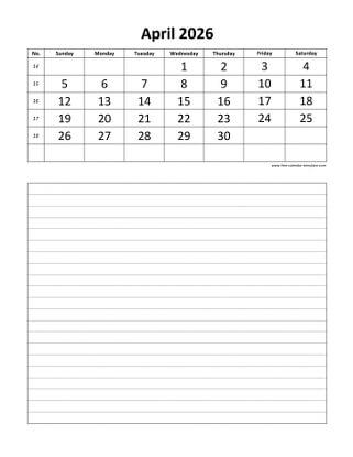 april 2026 calendar daily notes vertical