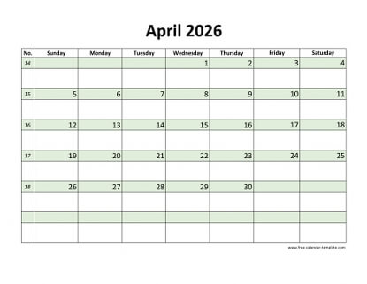 april 2026 calendar daycolored horizontal