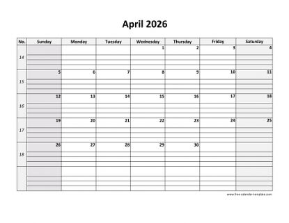 april 2026 calendar daygrid horizontal