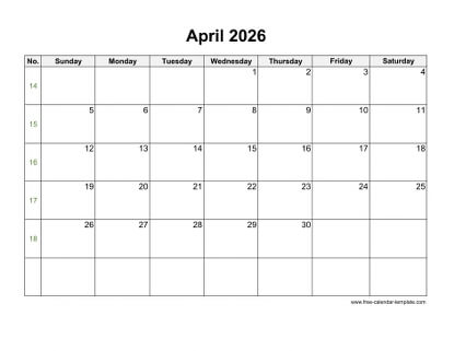 april 2026 calendar holidays horizontal