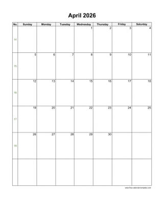 april 2026 calendar holidays vertical