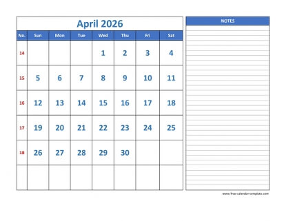 april 2026 calendar largenotes horizontal