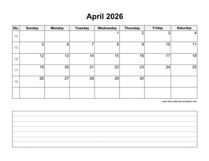 april 2026 calendar notes horizontal