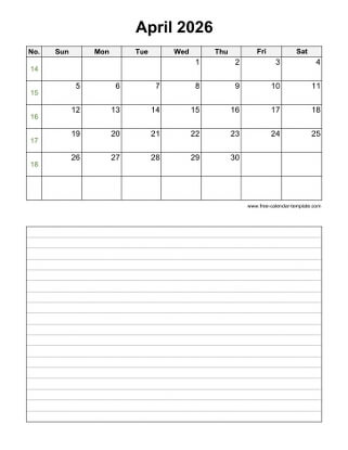 april 2026 calendar notes vertical