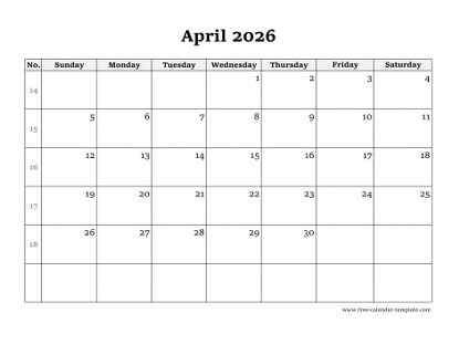 april 2026 calendar simple horizontal