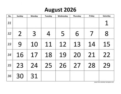 august 2026 calendar bigfont horizontal