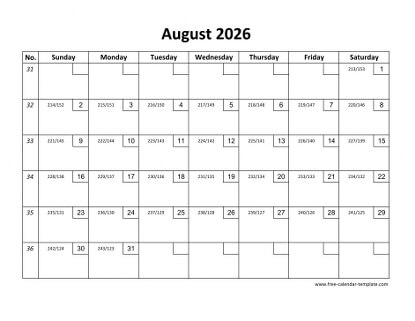 august 2026 calendar checkboxes horizontal