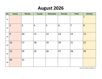 august 2026 calendar colored horizontal