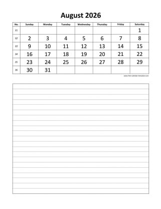 august 2026 calendar daily notes vertical