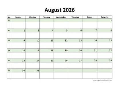 august 2026 calendar daycolored horizontal