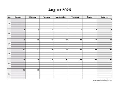 august 2026 calendar daygrid horizontal