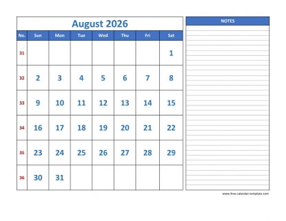 august 2026 calendar largenotes horizontal