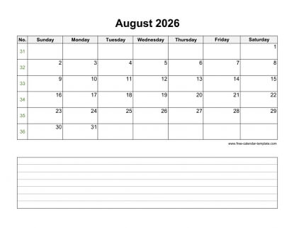 august 2026 calendar notes horizontal