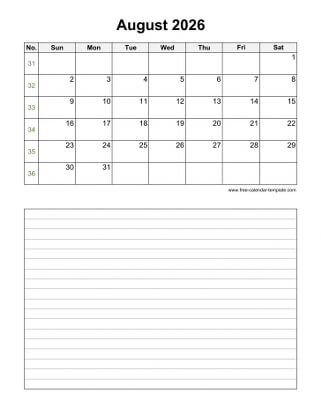 august 2026 calendar notes vertical