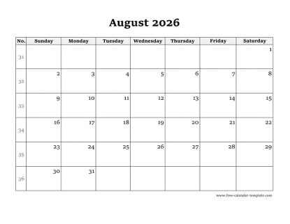 august 2026 calendar simple horizontal