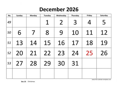 december 2026 calendar bigfont horizontal