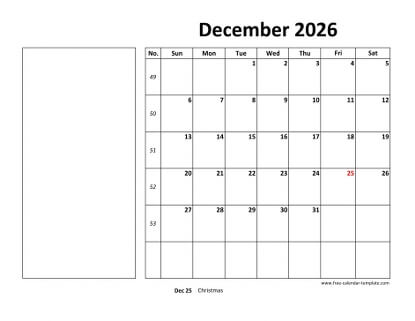 december 2026 calendar boxnotes horizontal