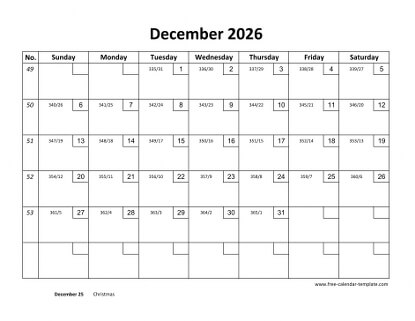 december 2026 calendar checkboxes horizontal