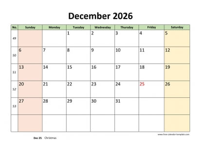 december 2026 calendar colored horizontal