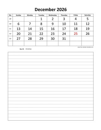 december 2026 calendar daily notes vertical